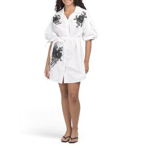 NANCY YANG White Puff Sleeve Mini Shirt Dress